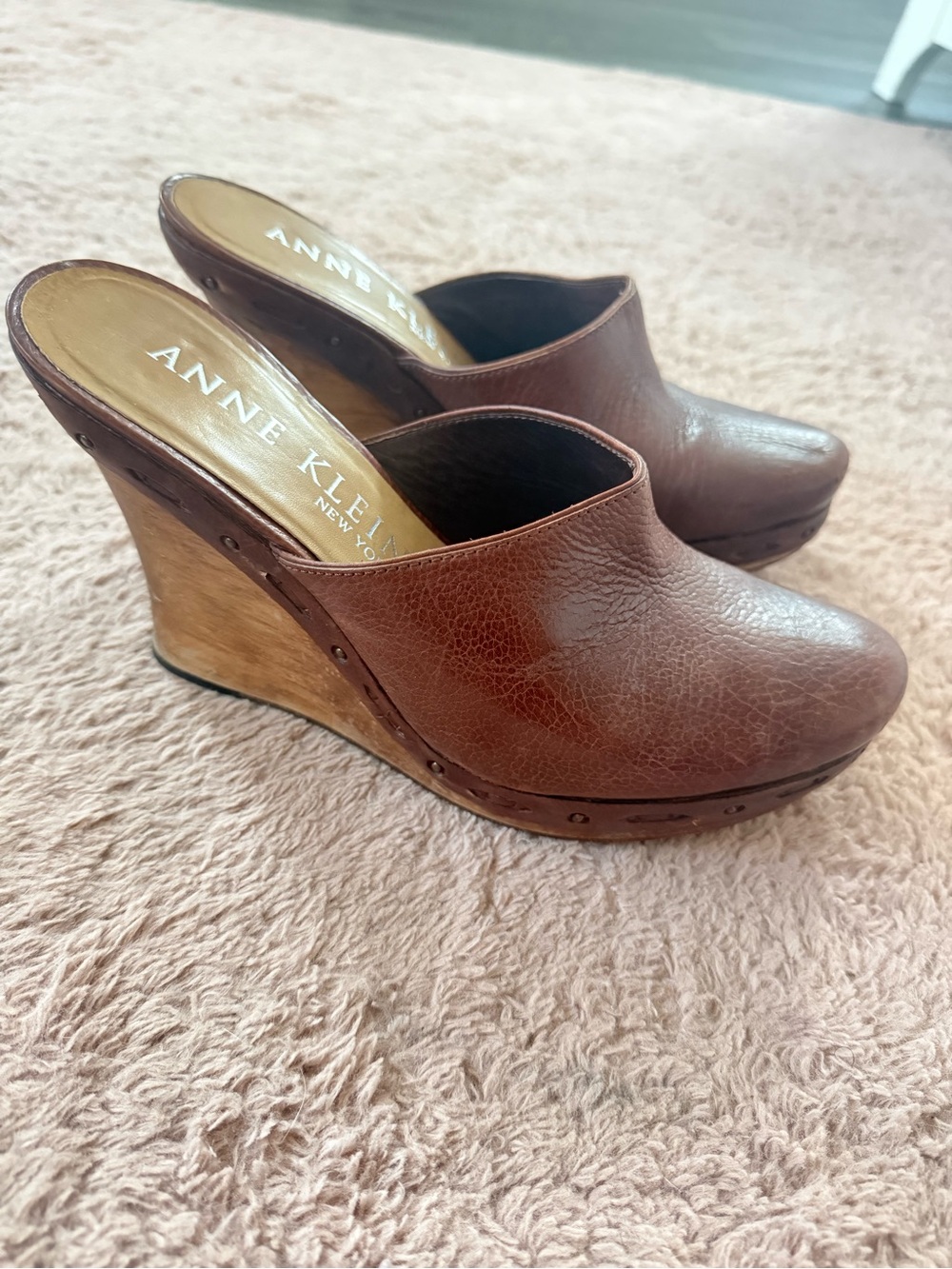 Anne Klein Brown Leather Wedge Mule with Stud Accents